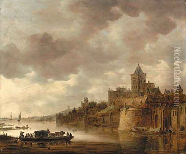 The Valkhof at Nijmegen with a coach and horses on a ferry on the River Waal Oil Painting - Jan van Goyen