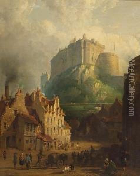 A View Of Edinburgh Castle From Below, With Figures And Horses In The Foreground Oil Painting - Thomas Peploe Wood