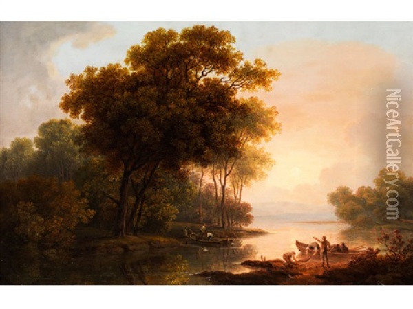 Baumlandschaft Mit Blick Auf Ein Seeufer Im Diesigen Spatlicht Oil Painting - Franz Scheyerer