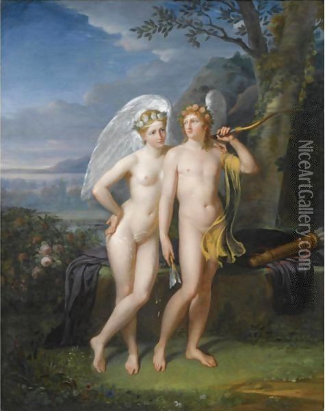 Cupid And Psyche In A Landscape Oil Painting - Robert-Jacques-Francois-Faust Lefevre
