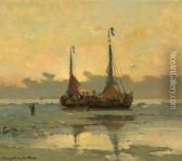 Fishing Boats At Low Tide Oil Painting - Gerhard Arij Ludwig Morgenstje Munthe