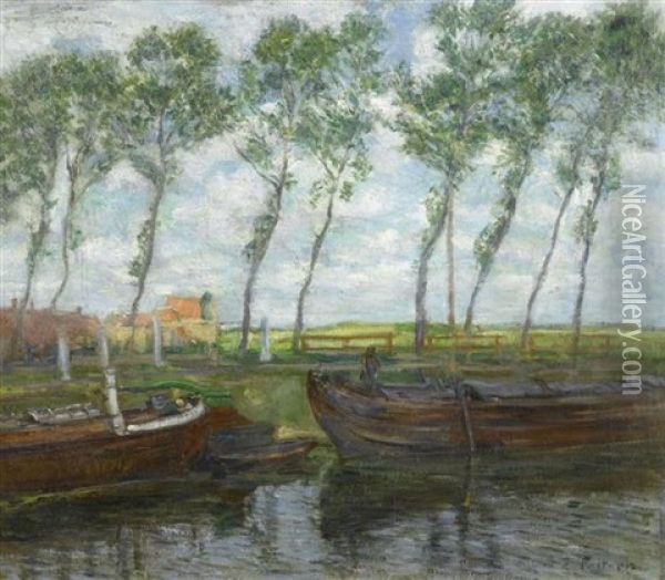 Uferlandschaft Mit Booten Oil Painting - Emil Pottner