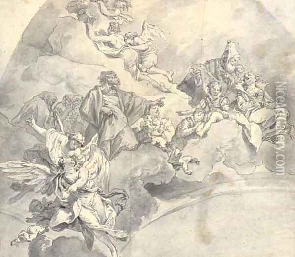 A ceiling study with angels and figures on clouds Oil Painting - Venetian School