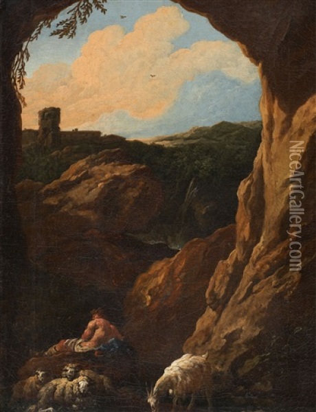 Southern Landscape With Ruins Of A Castle And Shepherds Oil Painting - Johann Heinrich Roos