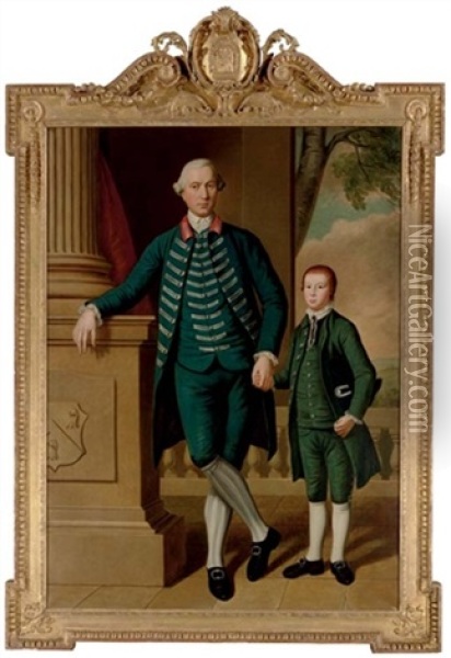 Portrait Of Charles Edwin Wyndham, In The Uniform Of A Ranger Of The Forest Of Dean, And His Son, Thomas Oil Painting - Hugh Barron