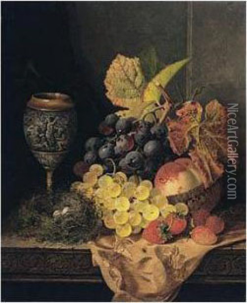 Still Life With Fruit, Bird's Nest And A Goblet Oil Painting - Edward Ladell