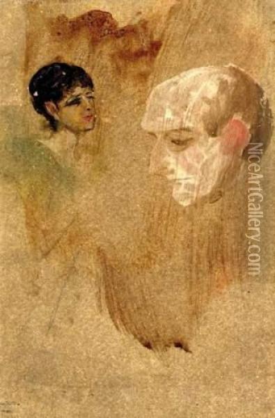 Fluchtige Skizze[brief Sketch] With Two Heads Oil Painting - Franz von Lenbach
