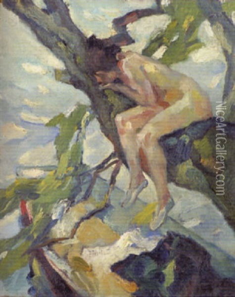 Akt Auf Einem Baum Oil Painting - Leo Putz