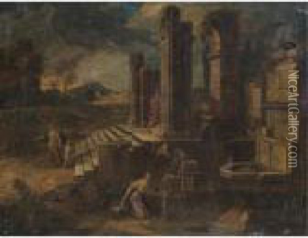 A Capriccio Scene With Figures Amongst Classical Ruins Oil Painting - Viviano Codazzi