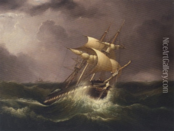 An East Indiaman Reefed Down And Riding Out The Gale Oil Painting - William Adolphus Knell