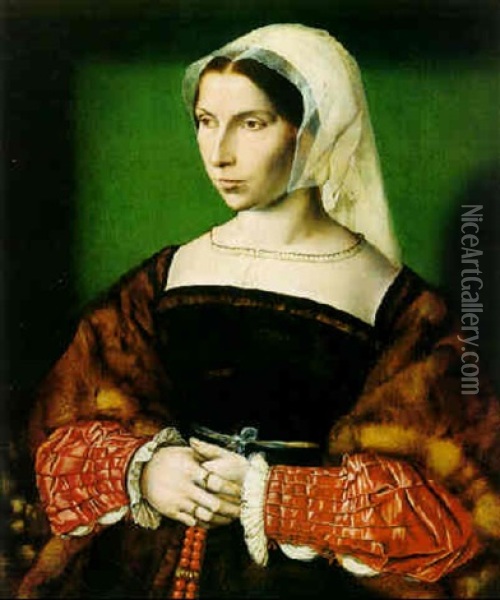 Portrait Of A Lady Wearing A Fur Stole, Holding A Rosary Oil Painting - Ambrosius Benson