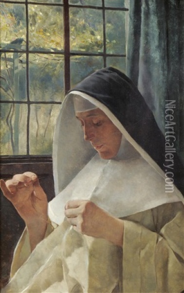 Portrait Of A Nun, Sewing Beside A Sunlit Window Oil Painting - Tito Lessi