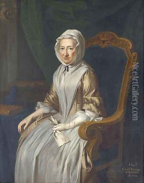 Portrait of Elizabeth, Countess Dowager of Aylesford, seated three-quarter-length, in a beige and white dress and a white headscarf, in an interior Oil Painting - Thomas Hudson