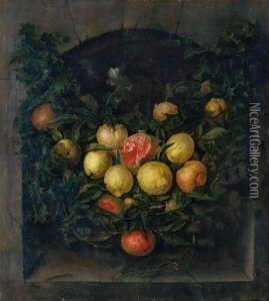 Fruchtestilleben. Vor Einer Nische Ein Gewinde Aus Zitronen, Orangen Und Granatapfeln. Oil Painting - Jan van Kessel