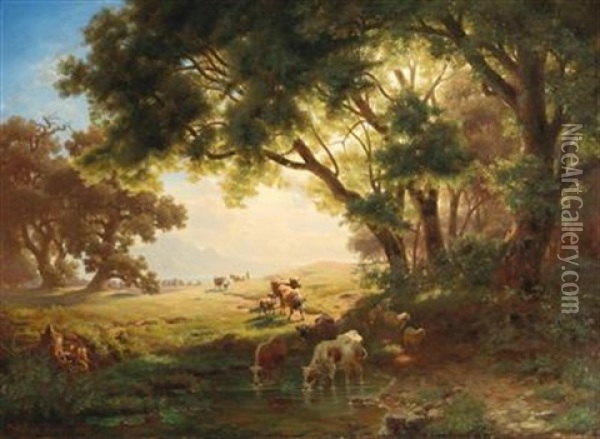 On Route To The Watering Place Oil Painting - Heinrich Hofer