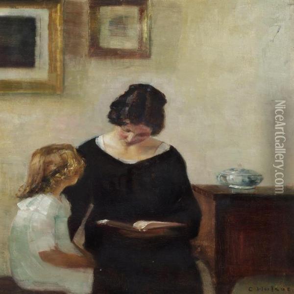 Interior With A Mother Reading Aloud To Her Daughter Oil Painting - Carl Vilhelm Holsoe