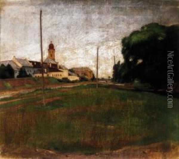 The Banks Of The Zazar In Nagybanya, With The Reformed Church In The Background Oil Painting - Janos Krizsan