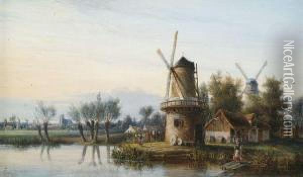 Hollandische Landschaft Mit Windmuhlen Und Kopfweiden, Im Hintergrund Stadtsilhouette Oil Painting - Hermann Ludwig Seefisch