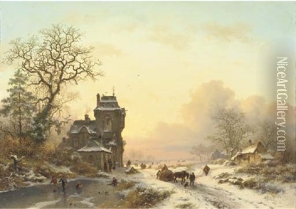 On The Ice By A Mansion At Sunset Oil Painting - Frederik Marinus Kruseman
