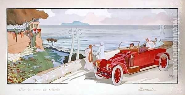 'On the road to Naples', advertisement for Renault motor cars Oil Painting - Aldelmo