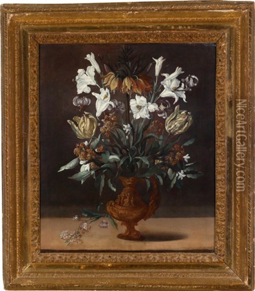 Ein Blumenstraus Mit Tulpen, Lilien, Einer Kaiserkrone Und Anderen Bluten In Einer Prunkvase Oil Painting - Guido Cagnacci
