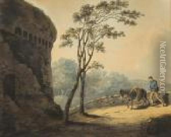 Boy And Donkey On Path Beside A Ruined Tower Oil Painting - William Payne