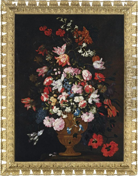 Roses, Tulips, Lilies And Other Flowers In A Bronze Urn On A Stonesocle Oil Painting - Felice Fortunato Biggi Dei Fiori