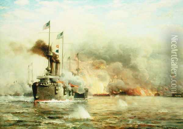 Battleships at War Explosion Oil Painting - James Gale Tyler