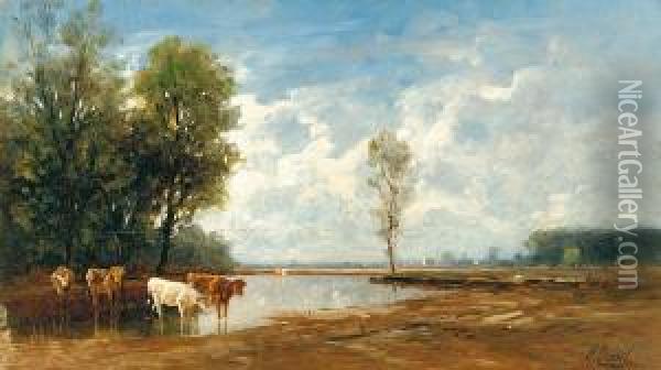 Kuhe An Der Tranke An Einem Herbstlichen Tag Oil Painting - Heinrich Neppel