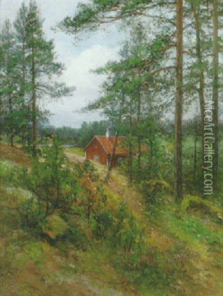 Skogslandskap Med Rod Stuga Oil Painting - Johan Severin Nilsson