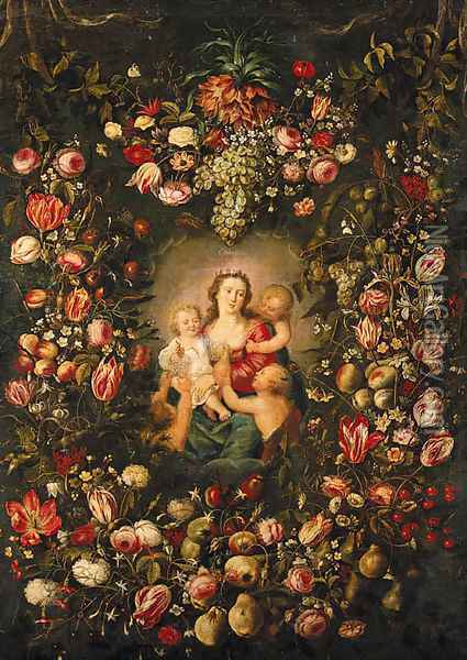 A garland of fruit and flowers surrounding a personification of Charity Oil Painting - Phillipe de Marlier