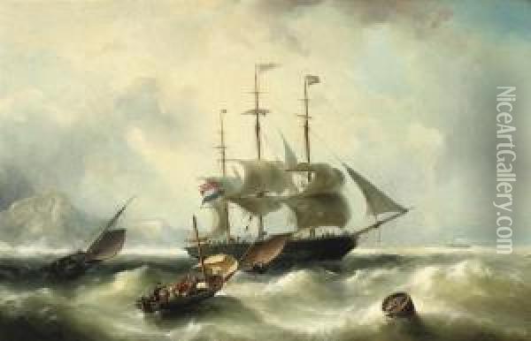 A Three-master On Choppy Waters Oil Painting - Nicolaas Riegen
