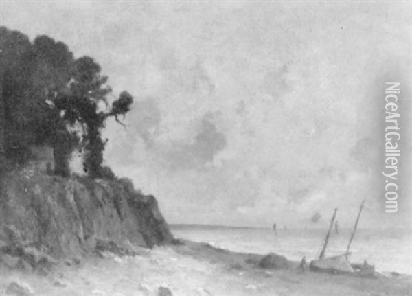 Bord De Mer A La Falaisen, Barque Echouee Oil Painting - Albert Porcher
