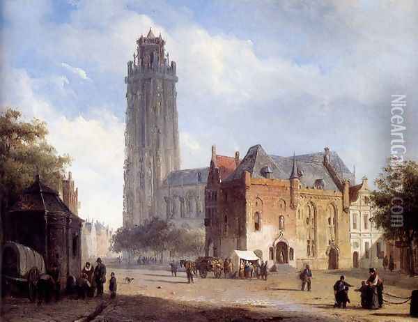A Cathedral On A Townsquare In Summer Oil Painting - Cornelis Springer