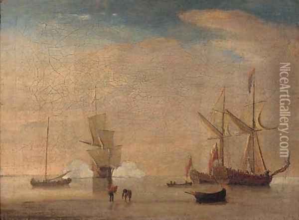 A flagship announcing her arrival at the anchorage Oil Painting - Thomas Mellish