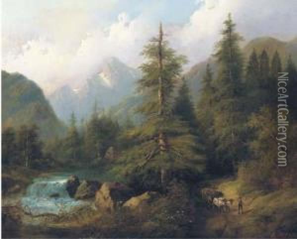 Travelling Through An Alpine Valley Oil Painting - Eduard Boehm