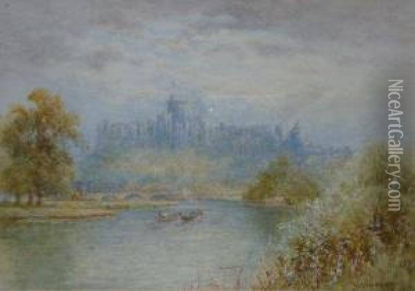 View Of Windsor Castle From The River Thames With Steam Boats On River Oil Painting - Walter Duncan