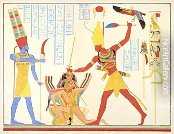 The God Amun offers a sickle weapon to the pharaoh Ramesses III as he strikes two captured enemies Oil Painting - Jean Francois Champollion