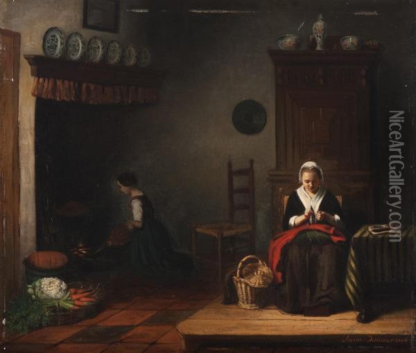 Mending Clothes In The Kitchen Oil Painting - Anna Immerzeel