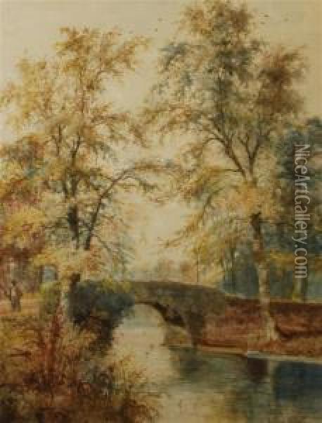 Autumnal River Scene With Stone Bridge And A Fisherman Oil Painting - Arthur Willett