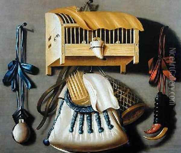 Trompe loeil of hunting equipment and a bird cage Oil Painting - Johannes Leemans
