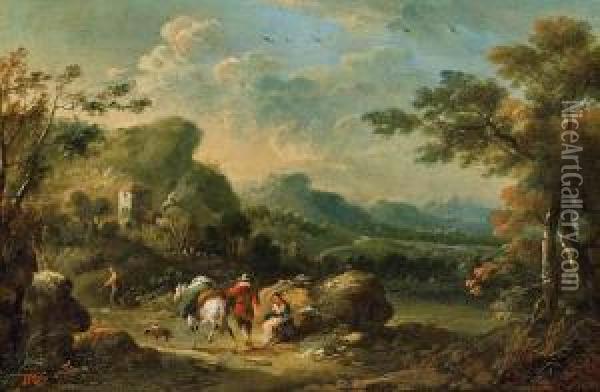 Gebirgige Landschaft Mit Wanderer Und Pferd Oil Painting - Johann Christian Brand