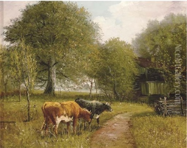 Cows By A Farmhouse Oil Painting - Andrew Melrose