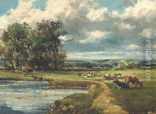 Cattle grazing by a river Oil Painting - Herbert Hughes Stanton
