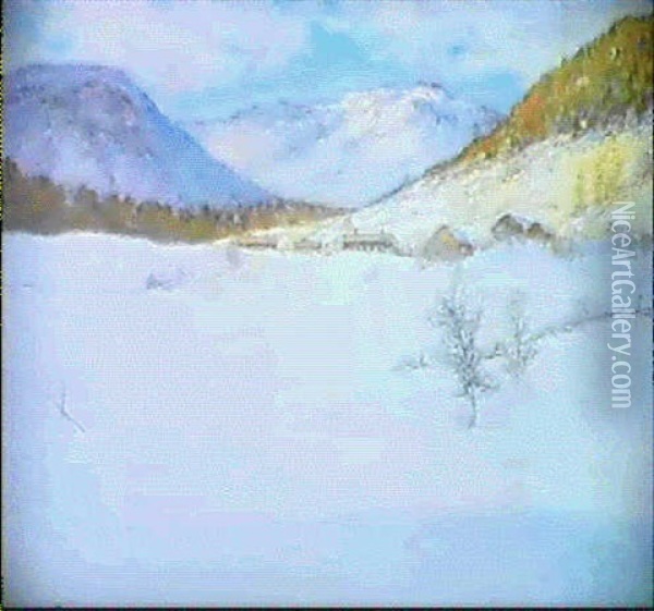 Utsikt Over Fjallandskap Med Gard I Sol- Vinter Oil Painting - Anton Genberg