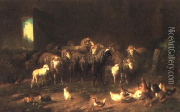 Tiere Im Stall Oil Painting - Louis (Ludwig) Reinhardt