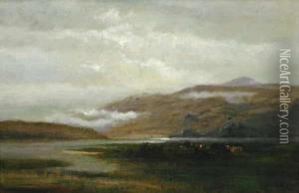 Cattle In A Landscape Oil Painting - Arthur Parton