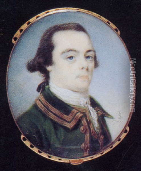 A Gentleman, In Green Jacket With Gold Buttons And Edging, Matching Waistcoat, White Lace Stock, His Dark Hair En Queue Oil Painting - Luke Sullivan