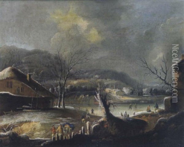 Winterlandschaft Mit Eislaufern Auf Einem Zugefrorenen Gewasser Oil Painting - Robert Griffier