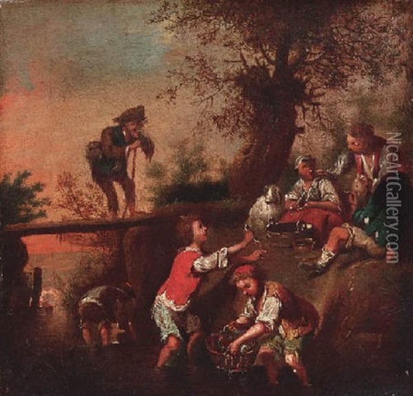 Fischende Kinder Oil Painting - Johann Conrad Seekatz